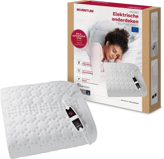 Inventum HN139G elektrische onderdeken 150x80 cm - Eenpersoons - 4 warmtestanden - Warmtedeken - Uitwasbaar - Automatische uitschakeling - Oververhittingsbeveiliging - Fleece - Wit
