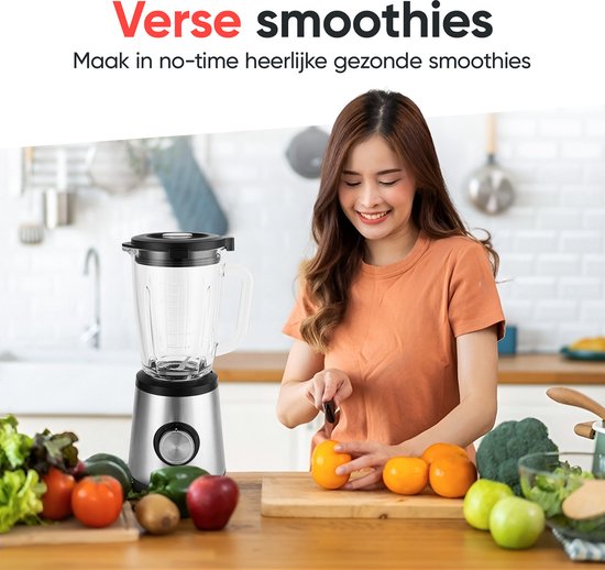 Kitchenwell Blender – Incl. To-Go Beker & Pulsefunctie – 1300 W – 17.2 x 21 x 43 cm – Grijs