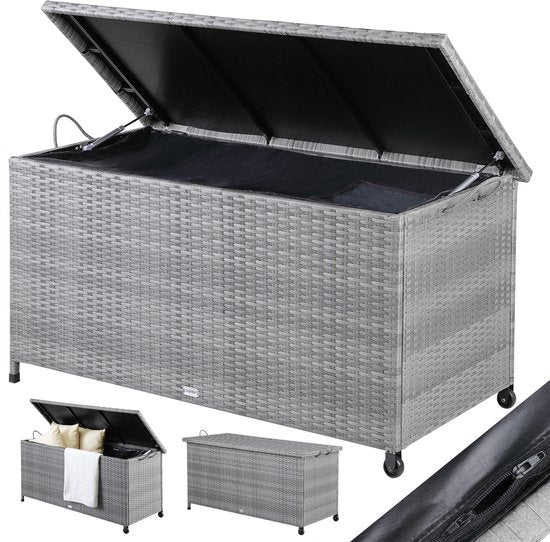 Casaria Opbergkist – 420L – 122x56x61 cm – Waterdicht & Weerbestendig – Met Wielen en Gasdrukveren – Polyrattan – Grijs