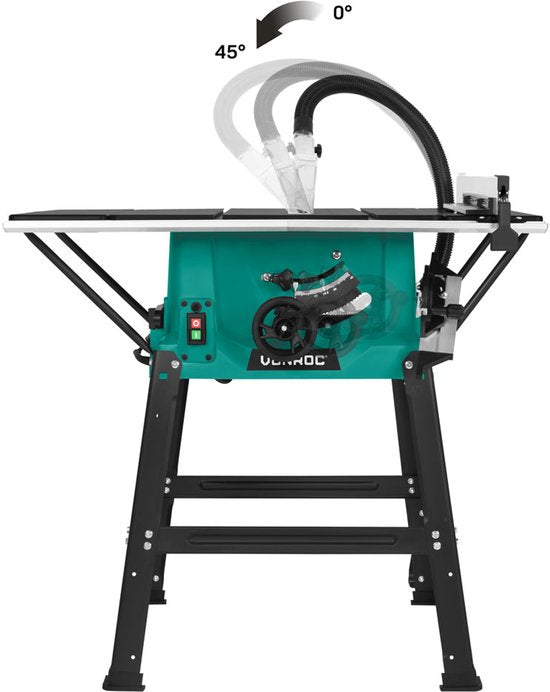 VONROC Zaagtafel 2000W – Ø250mm - Groot werkblad - Zaaghoek instelbaar van 0° tot 45° - Met soft-start technologie - Incl. 60T zaagblad en onderstel