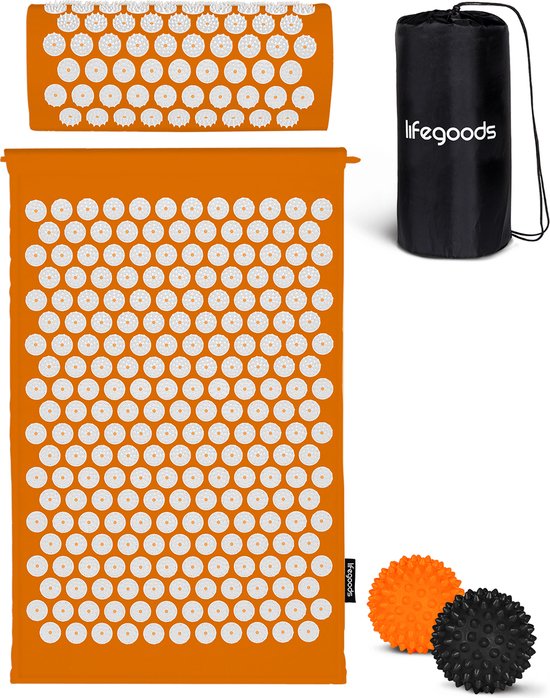 LifeGoods Acupressuur Mat met Kussen - Shakti mat - Spijkermat Incl. 2x Triggerpoint Bal - 66x40x2cm - Oranje/Wit