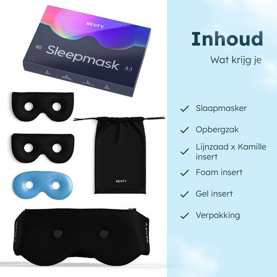 Resty® 4-in-1 Slaapmasker – 100% Lichtdicht – Koelen/Verwarmen/Aromatherapie – 3 Inzetstukken – Comfortabele 4D-pasvorm