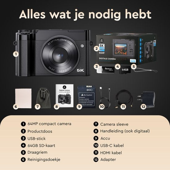 K&L Digitale Camera 5K - 64MP - 6X Optische Zoom - Fotocamera - Compact Camera - Vlog Camera - Ideaal voor Beginners - Inclusief 64GB - NL Software