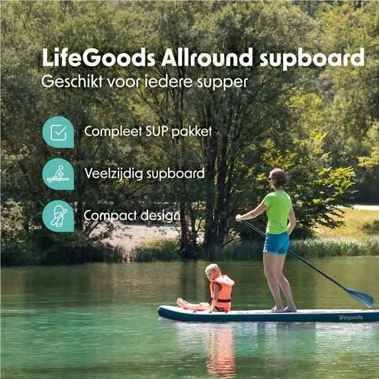 LifeGoods PaddlePro SUP Board - Opblaasbaar Paddle Board - Complete Set - Max. 135KG - 320x81cm - Wit/Deep Aqua