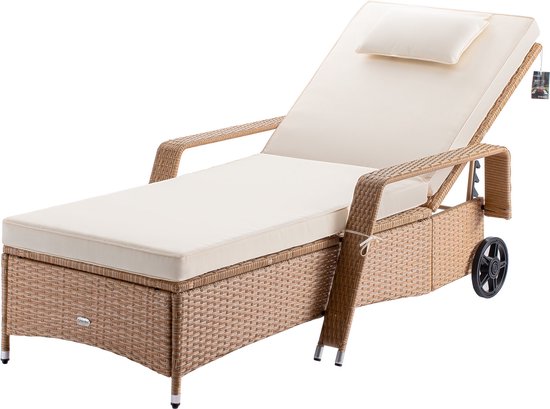 Luxe Polyrattan Ligstoel met Kussen – Verstelbaar – Weerbestendig – Crème – 162 x 64 x 86 cm – Draagvermogen 160 kg