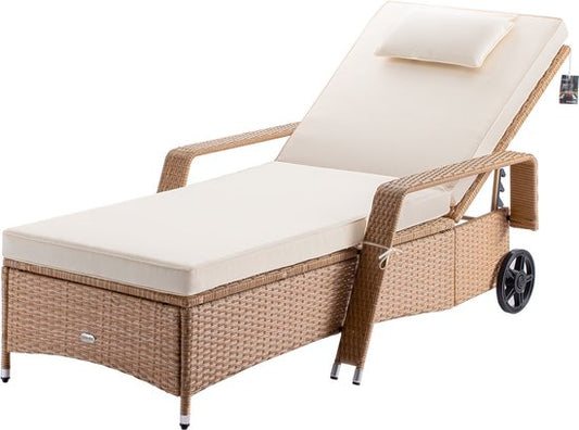 Luxe Polyrattan Ligstoel met Kussen – Verstelbaar – Weerbestendig – Crème – 162 x 64 x 86 cm – Draagvermogen 160 kg