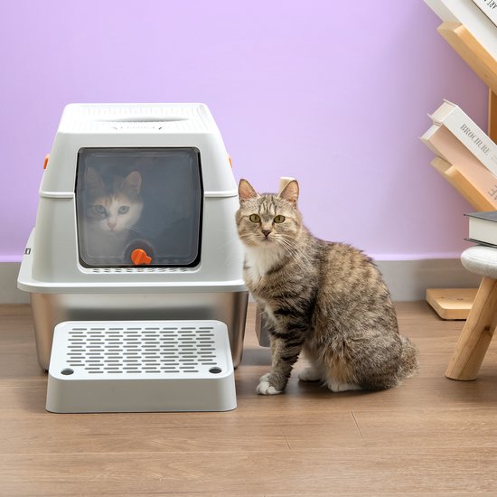 Jake and Jacky RVS Kattenbak Hop In - Kattentoilet Roestvrijstaal - Incl. Kattenbakschep met Houder en Gritopvang Opstapje - Top Entry - 3 in 1 Open Kattenbak met Afneembare Deksel - 60x40x38cm