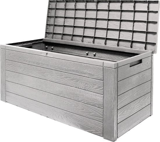 Deuba Kussenbox Woody 120cm grijs hout-look – tuinkussenbox tuinbox