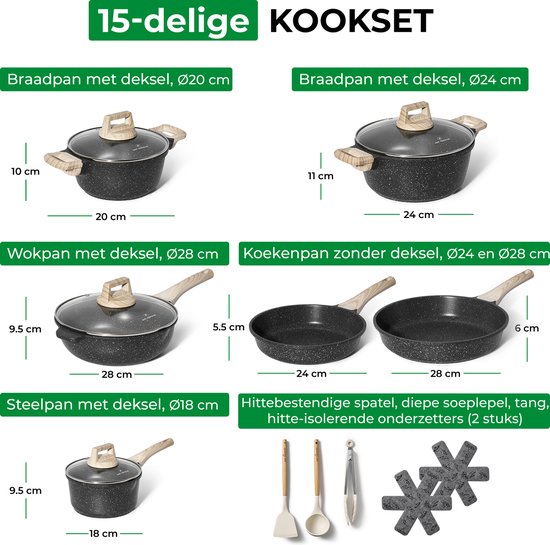Just Perfecto 15 Delige Pannenset Inductie - Zwarte Pannenset Met Deksel Voor Gas en Inductie - PFAS vrij - Koudgrepen