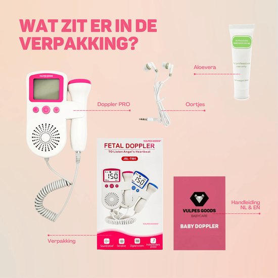 Vulpes Goods® BabyCare - Doppler Baby PRO - Baby Hartje Monitor - Fetal Doppler - Hartslag Baby Doppler - Echo Apparaat -Zwangerschapscadeau - Roze - Incl. ultrasound gel en oordopjes
