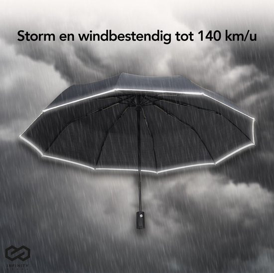 Infinity Goods Stormparaplu - Paraplu - 140 km/u - Reflecterend - Ø 107 cm - Automatisch Uitklapbaar - Beschermhoes - Zwart