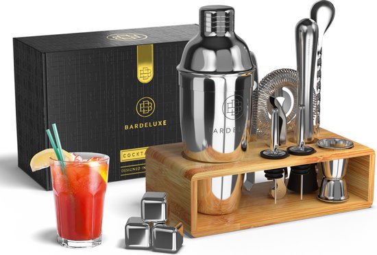 BarDeluxe® Cocktail Set - 13-Delig - Cocktailshaker 750 ml met Bamboe Standaard, Receptenboek & Whiskey Stones - Luxe Cadeauverpakking