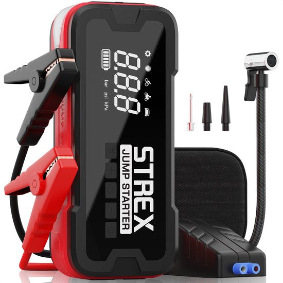 Strex - 12V Jumpstarter & Starthulp Met Compressor - 4000A - 24.000 mAh - 5-in-1 Functie Met Led-zaklamp & SOS - Inclusief Hardcover Tas - Kunststof - Zwart & Rood