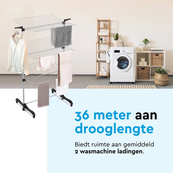 BRASQ Droogtoren Inklapbaar 3 Lagen - Drooglengte 36 Meter - Wasrek met Wieltjes en houders - Droogrek - Wastoren 77x73x140 cm