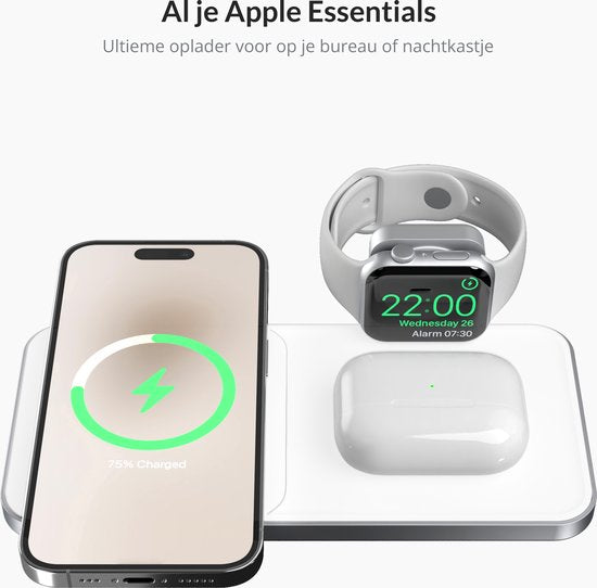 Favolt Site:3 Magsafe 3 in 1 Draadloze Oplader (MFi/QI) Magnetisch Laadstation voor iPhone Apple Watch AirPods Silver