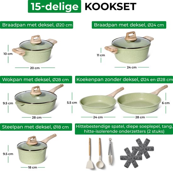 15-delige pannenset groene granieten antiaanbaklaag – Geschikt voor alle warmtebronnen, inclusief inductie Just Perfecto JL-787