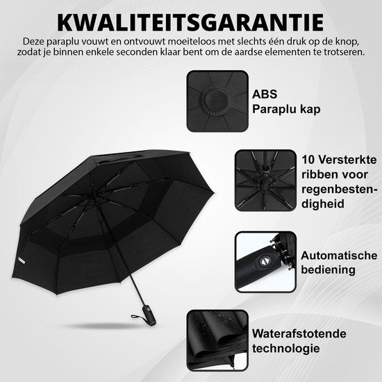 K&L Stormparaplu Opvouwbaar - Stormbestendig tot 100km/u - Automatisch Uitklapbaar Paraplu - Incl. Beschermhoes - Zwart