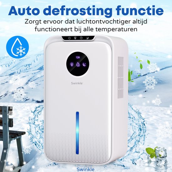 Swinkle Luchtontvochtiger 2.5L – Ontvochtigt tot 1L per dag – Dehumidifier met Ionisator & 7-Kleuren LED – Stil & Energiezuinig – Voor Slaapkamer, Badkamer & Woonkamer – Wit