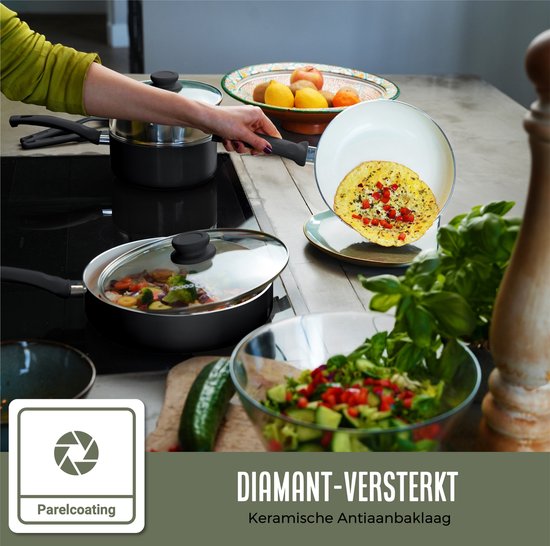 COOCK 19-Delige Pannenset Inductie - Speciale Anti-Aanbak Coating - Ergonomische Koudgrepen - Gerecycled Aluminium - koekenpannenset - kookpottenset - Zwart/Wit - Inclusief Onderzetters en E-book