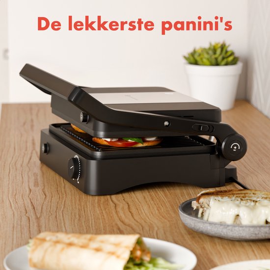 KitchenBrothers Contactgrill - Grill Apparaat - Uitneembare Grillplaten - Panini Grill - 3 hoogtestanden - Tosti ijzer - 2000W - Zwart