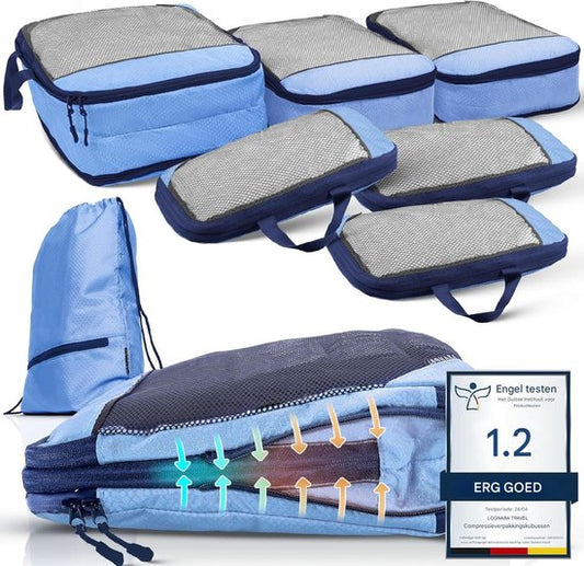 Packing Cubes Set van 7 - met compressie voor koffer en rugzak incl. pakzak, Mariner's Azure - Blauw