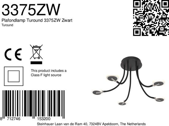 Plafondlamp Turound 3375ZW – Zwarte design lamp met glas, 91,5 cm, draaibaar en kantelbaar, Steinhauer, LED, dimbaar, 5000 lumen