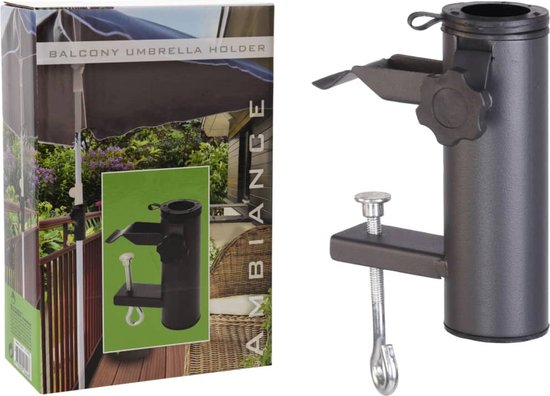 Ambience Parasolhouder Balkon – Voorzien Van Balkonklem En Handmatige Schroefbevestiging En Compact Universeel Ontwerp – Voor Balkonrelingen En Spijlen – Antraciet Metaal En Kunststof – 38-54 mm