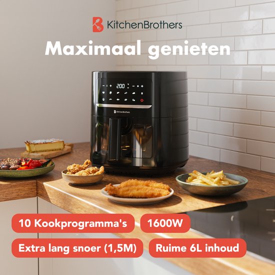 KitchenBrothers Airfryer XL - 6L - 1600W - Heteluchtfriteuse - 50ºC tot 200ºC - 10 Kookprogramma's - Zwart