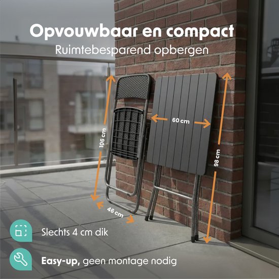 LifeGoods Bistroset - 3-delig - Inklapbaar - Rattan Look - Tuinset met Bijzettafel - Zwart - 200kg Draagkracht - Weerbestendig