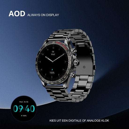 Maoo Titan AMOLED Smartwatch Heren – 45 mm – Stainless Steel & 2 TPU Bandjes – Multisport – Hartslagmeter, Slaapmonitor & Stappenteller – iOS/Android – Zwart