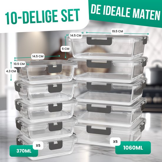 Avalo Vershoudbakjes Glas - Meal Prep Bakjes - Diepvriesbakjes - Met Deksel - 10 Delig 1060ml / 370ml