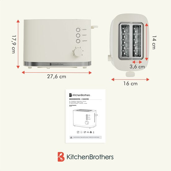KitchenBrothers Broodrooster – 6 Warmtestanden – 870 W – 14 x 3,6 cm – Beige