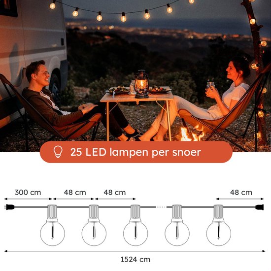Partizzle 15m Waterdicht Lichtsnoer Rond - 25 LED Lampjes Slinger - Kerst Lichtslinger voor Buiten Terras en Camping - Kerstverlichting / Tuinverlichting - 2700k / Warm Wit