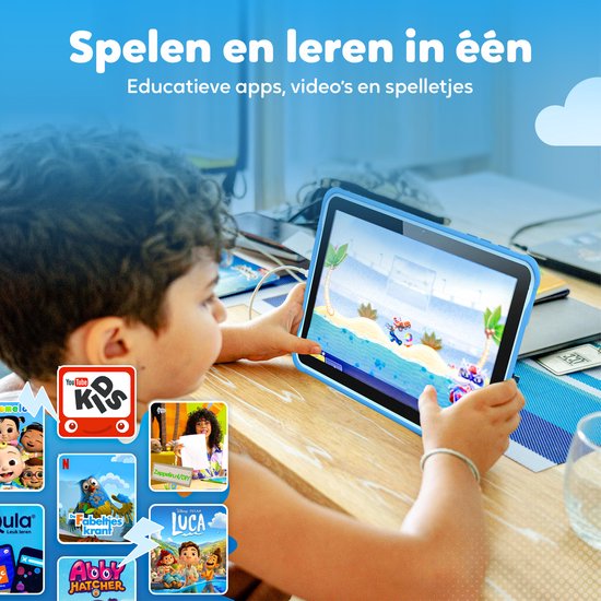 Spoused Kindertablet – 10.1 Inch – Kindertablet vanaf 3 jaar – 64GB – 4GB RAM– 6000 mAh Batterij - Incl. Beschermhoes & Ouder Control app – Blauw