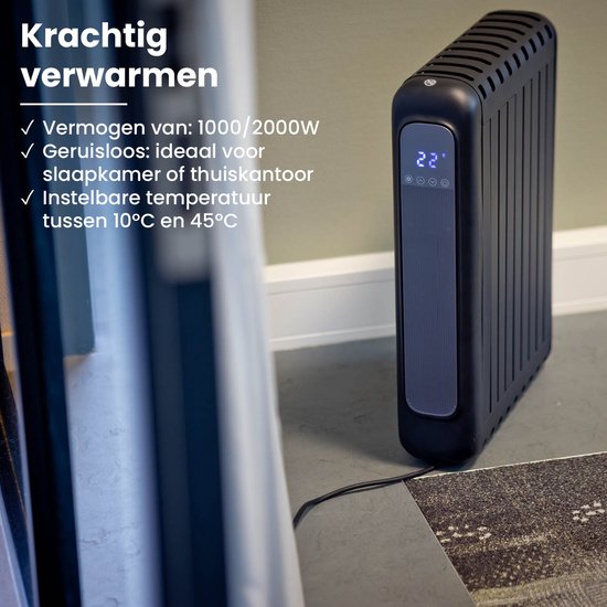QLT Elektrische Kachel met App Bediening, Thermostaat en Timer – Convectorkachel – Olievrije Radiator met Wielen en Wandoptie – Tot 20m² – Zwart