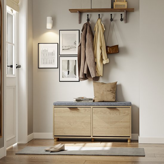 SoBuy - Schoeiselbank met opbergruimte - Licht eiken - 100x24x50 cm - 2 deuren - Max. belasting 237 kg