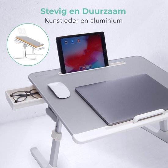 LifeGoods Laptoptafel - Laptopstandaard - Inklapbaar en Verstelbaar - Schoottafel met Tablethouder en Boekenstandaard - Bank, Bed, Schoot, Tafel - Wit / Grijs