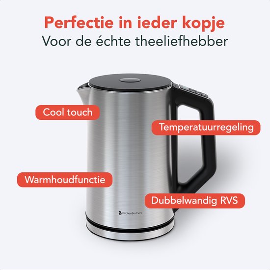 KitchenBrothers Waterkoker - Elektrisch - 1,5L - 2200W - Instelbare Temperatuurregeling - Dubbelwandig - Waterkoker RVS - Zilver