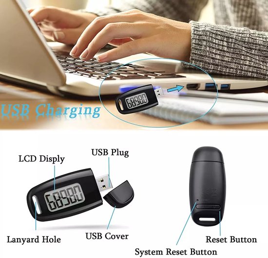 Garpex® Stappenteller met Clip en Draagkoord - USB Opladen - Activity Tracker - Pedometer - Groot Scherm - Broekzak - Zwart