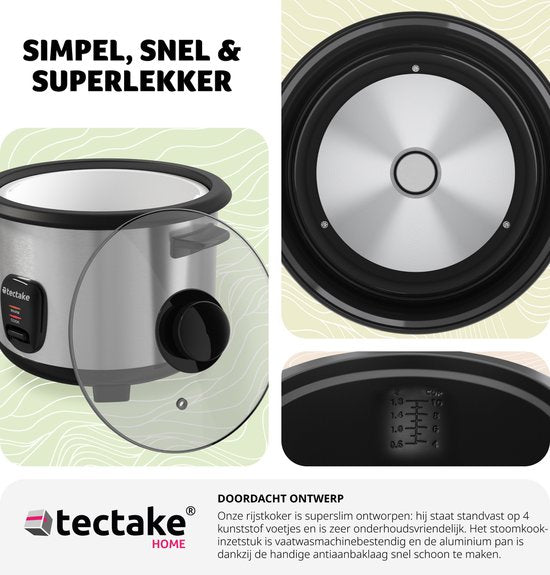 tectake® Rijstkoker - Stoompan en rijstmaker met stoominzet - Kookpot voor de keuken met groot volume van 1,8L - Maximaal 10 porties kleefrijst, volkoren rijst of sushirijst
