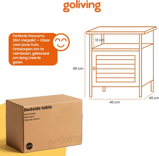 Goliving Nachtkastje - 40 x 40 x 60 cm - Opbergkastje met Deur en Planken - Hout - Industrieel - Bijzettafel Modern - Zwart