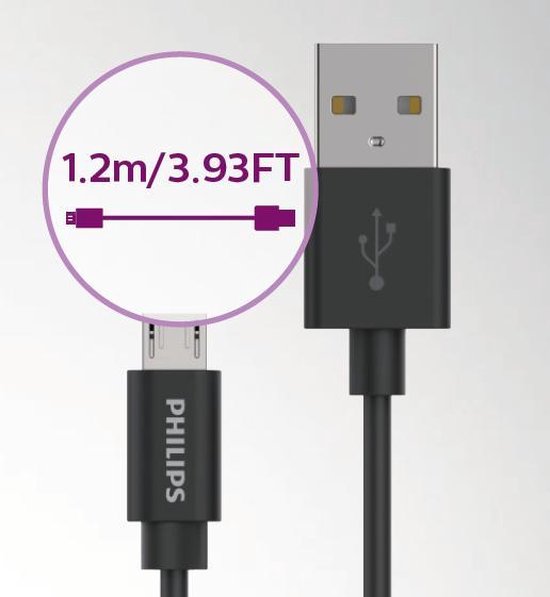 PHILIPS - USB-A naar Micro USB Kabel - DLC21030U - 1.2 Meter Kabel - Reserve Kabel - Zwart
