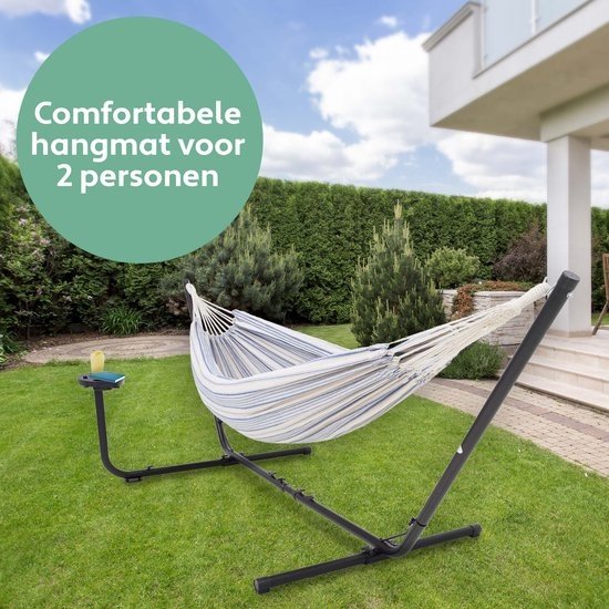 Vita5 Hangmat met Standaard – 2 Persoons – Incl. Bekerhouder – 205kg Draaggewicht – Blauw/Wit