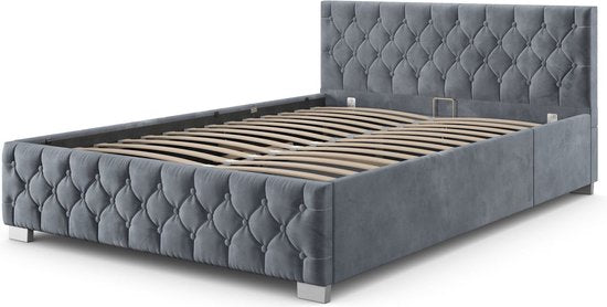 Gestoffeerd Bed Nizza - 120 x 200 cm - Grijs - LED Verlichting & Bedlade