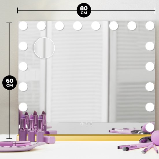 Bayt Hollywood Spiegel met Verlichting - Make Up Spiegel met Verlichting - Spiegel met Verlichting - Hollywood Spiegel 80x60 - Dimbaar - 10x Vergroting - 80x60cm - Goud