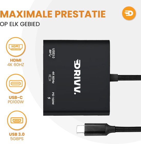 Drivv. USB C naar HDMI Adapter 3 in 1 - HDMI 4K 60hz - USB 3.0 - PDW 100w - Zwart