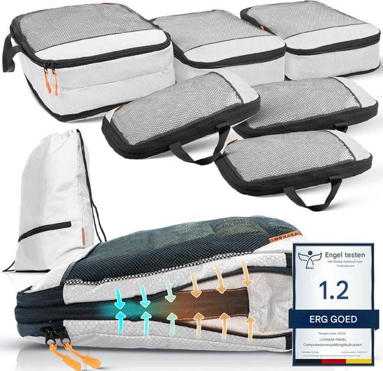 LOONARA Travel Packing Cubes Set van 7 - met compressie voor koffer en rugzak incl. pakzak, Alpine Slate - Grijs
