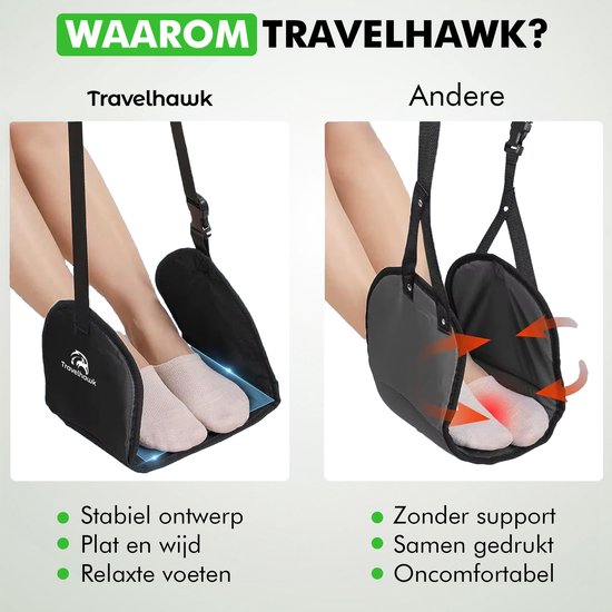 Travelhawk Voetensteun voor Vliegtuig - Voetenhangmat voor op Reis - Ook voor Bus of Trein - Compact en Lichtgewicht - Zwart