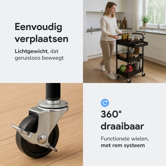 Keuken trolley met lade op Wieltjes - 3 laags - Keukenrek - Serveerwagen - Kastje - Karretje - Opberg - Douche kastjes staand - Rekje - Zwart - Luft