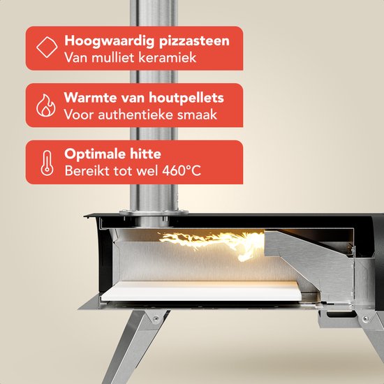 KitchenBrothers Pizza Oven - Houtgestookt - Tafelmodel - Met Beschermhoes - PFAS-vrij - Inklapbaar - Pizzasteen - tot 460°C Pizza maker - Complete Set - Pizzaoven voor Buiten - Zwart/RVS